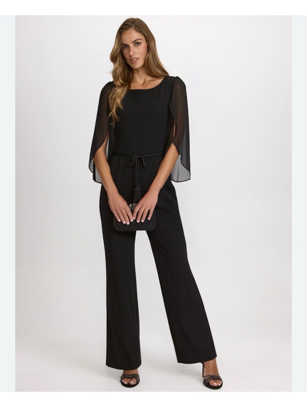 Connected Bell-Sleeve Tassel-Belt Wide-Leg Jumpsuit